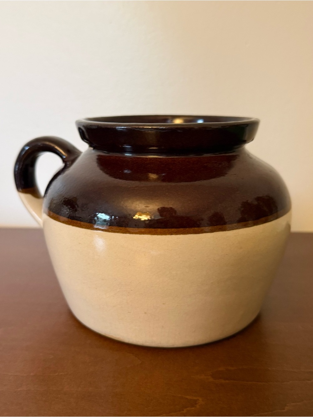 Two-Tone Stoneware Bean Pot Crock - Brown and Cream